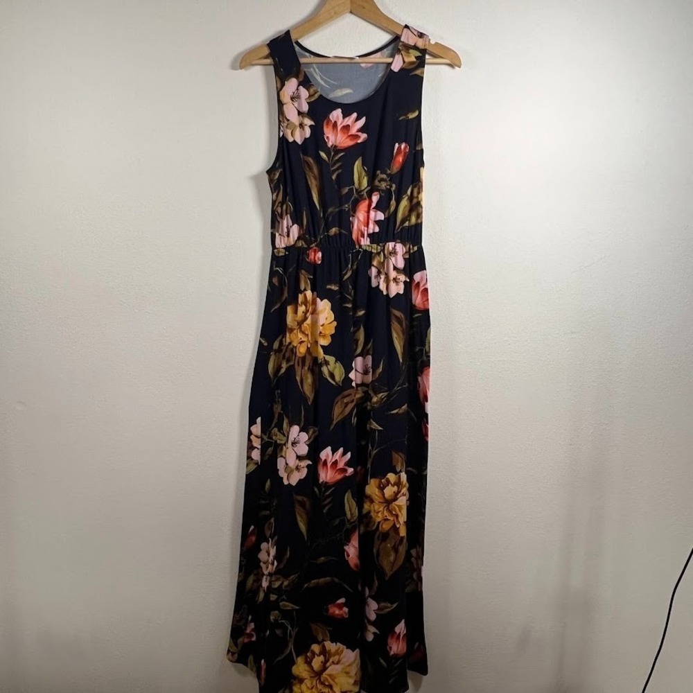 Floral‎ Maxi Dress Navy Pink Sleeveless Stretch XL Elastic Waist French Grey